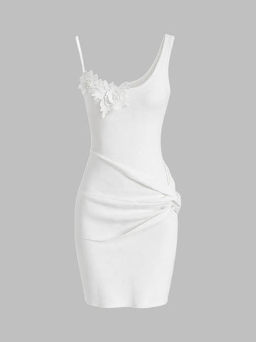 Brick Lane Skimming 3D Flower Ruched Cami Dress - White