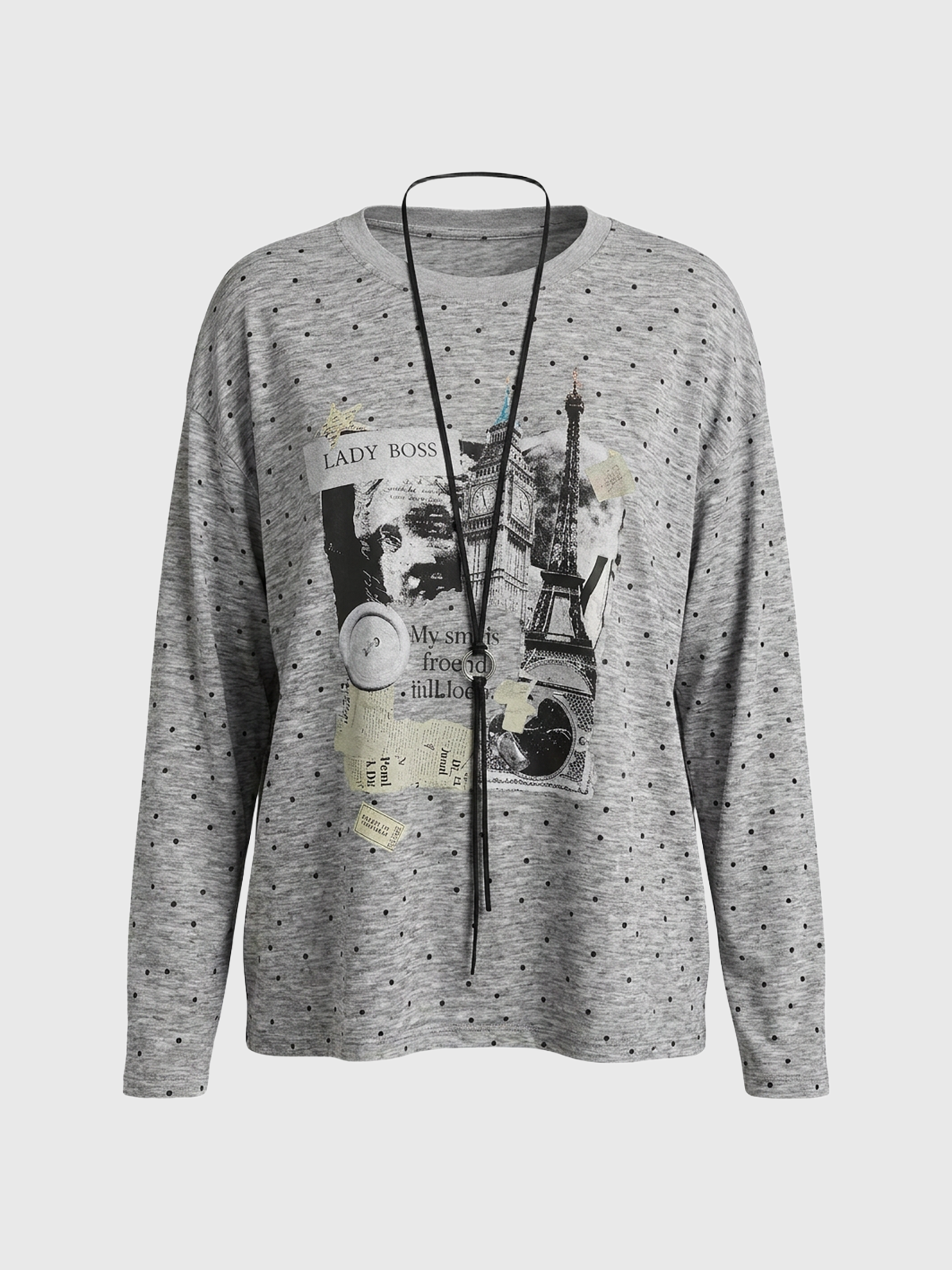 Brick Lane Baggy Dot Print Slouchy Long Sleeve Top - Grey