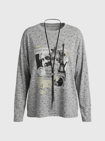 Brick Lane Baggy Dot Print Slouchy Long Sleeve Top - Grey