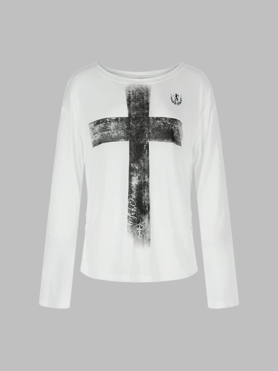Co-ed Dorm Skimming Gothic Cross Printed Sheer Top - White