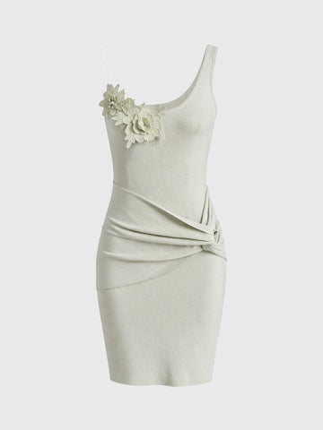 Brick Lane Skimming 3D Flower Ruched Cami Dress - Grey