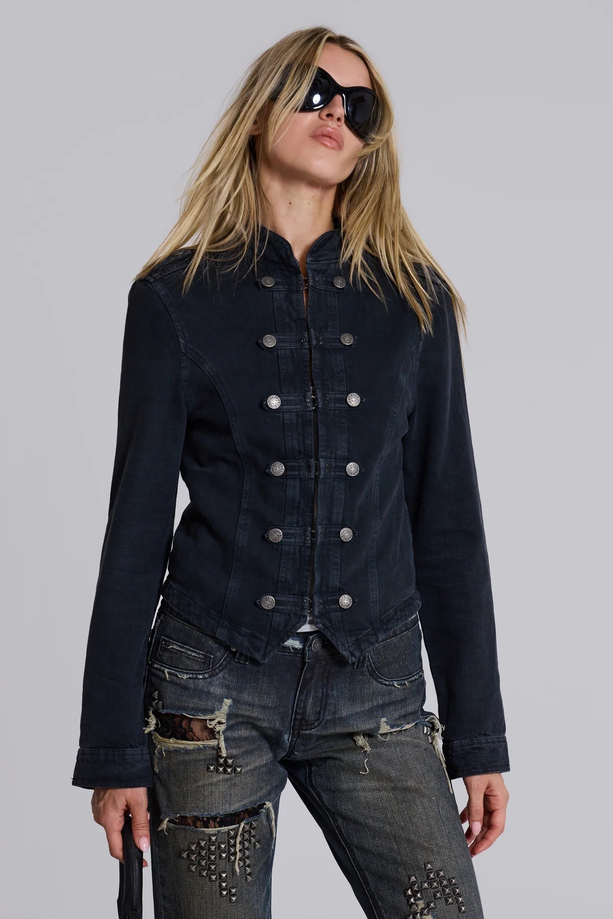 Co-ed Dorm Skimming Double-Breasted Denim Jacket - Blue
