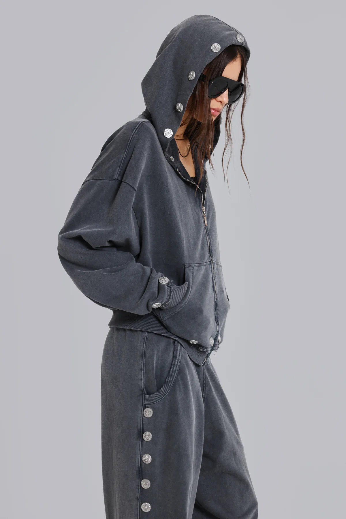 Brick Lane Wide-leg Grommet Strap Denim Maxi Pants - Grey