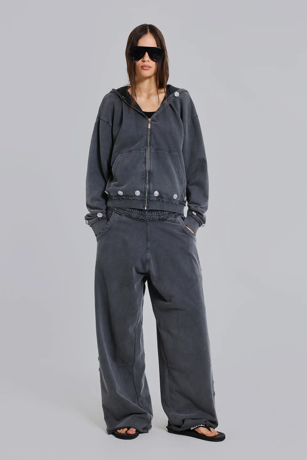 Brick Lane Wide-leg Grommet Strap Denim Maxi Pants - Grey