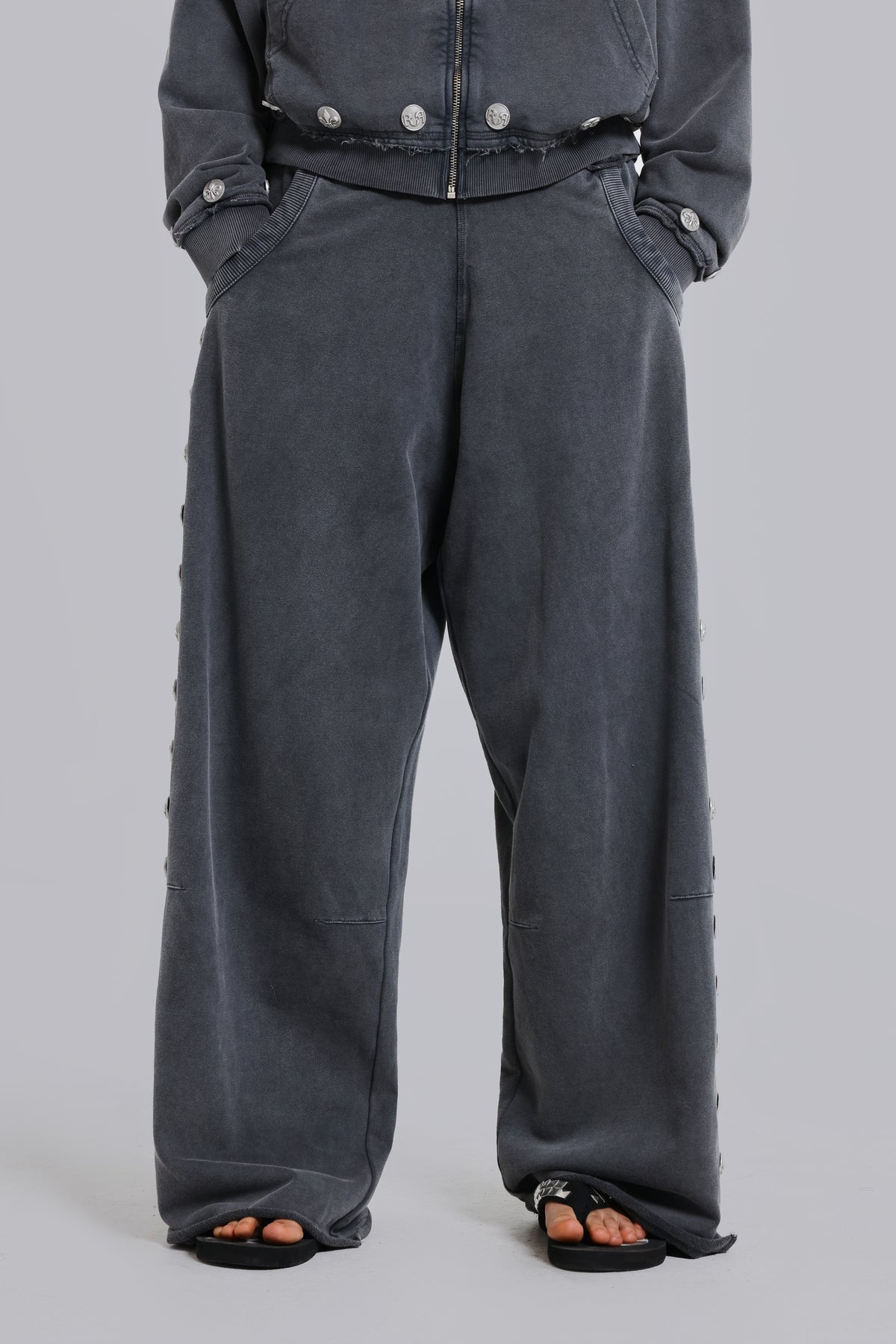 Brick Lane Wide-leg Grommet Strap Denim Maxi Pants - Grey