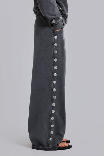 Brick Lane Wide-leg Grommet Strap Denim Maxi Pants - Grey