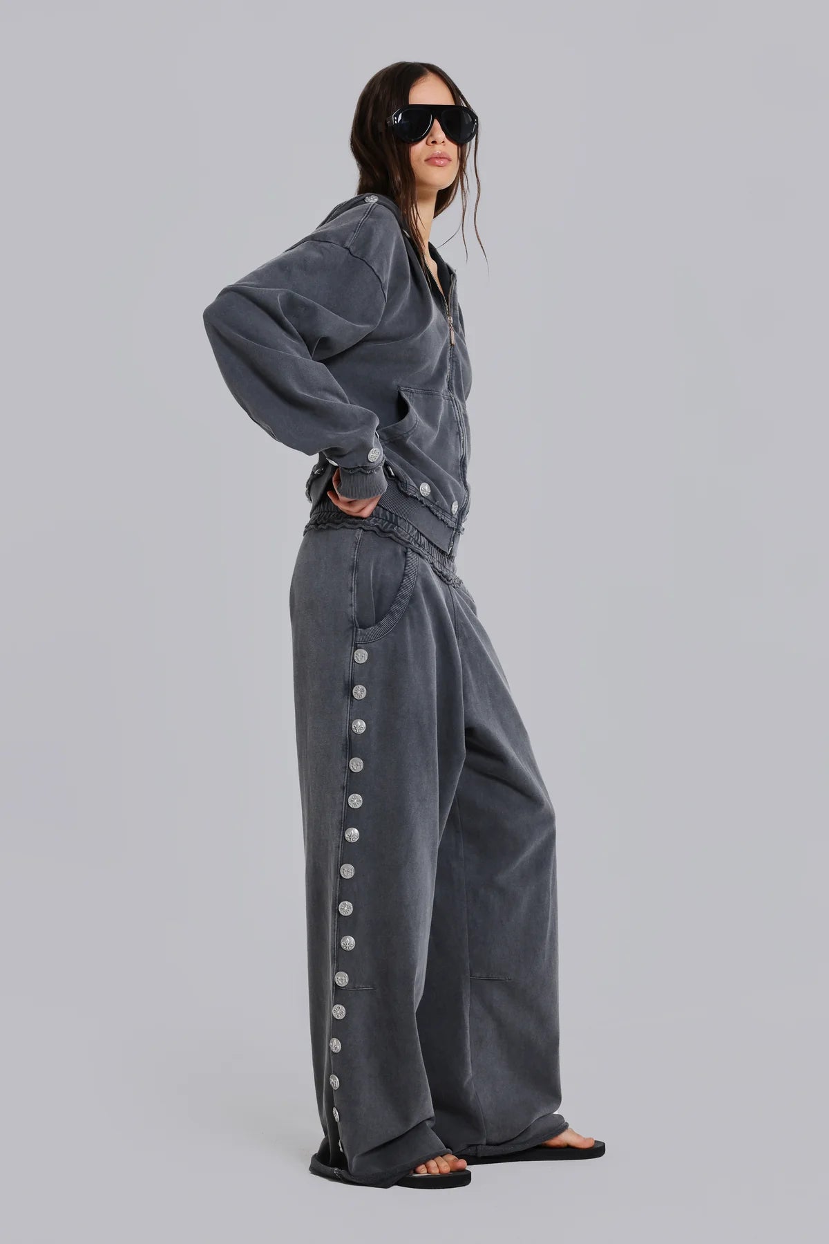 Brick Lane Wide-leg Grommet Strap Denim Maxi Pants - Grey