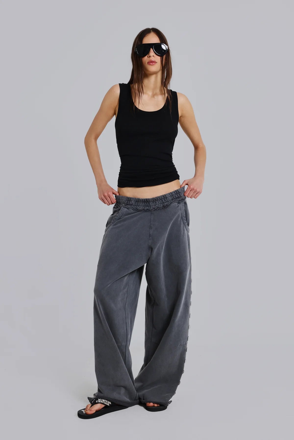 Brick Lane Wide-leg Grommet Strap Denim Maxi Pants - Grey