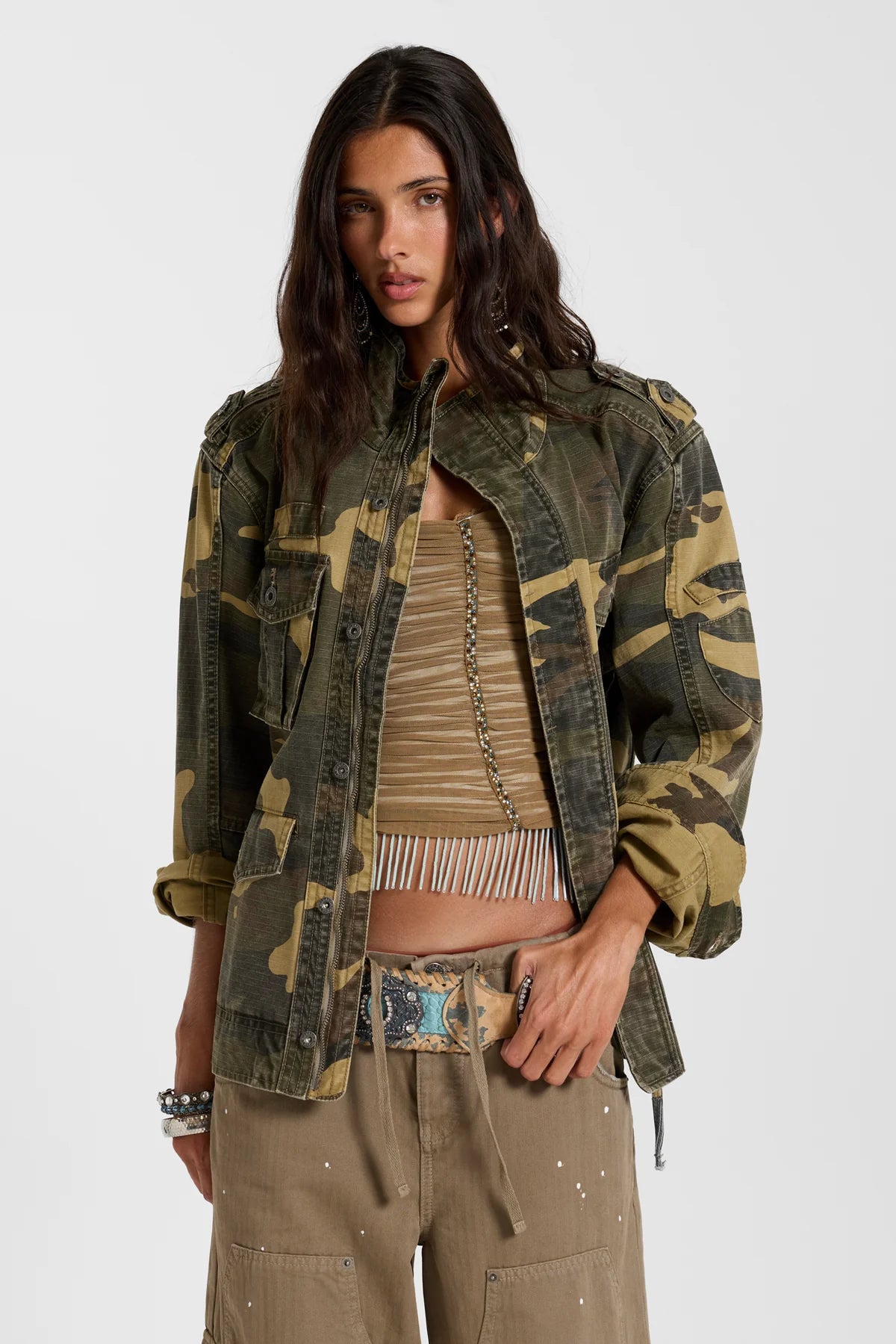 Weekday Outdoor Baggy Camouflage Hooded Utility Top - Green