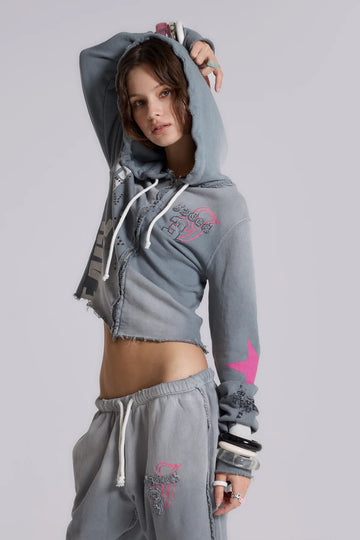 Brick Lane Skimming Hooded Graphic Top - Grey