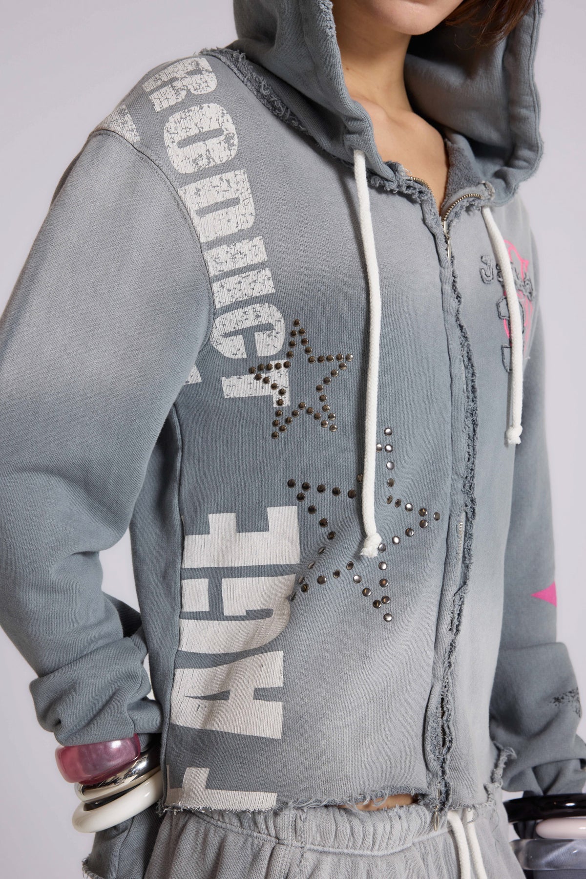 Brick Lane Skimming Hooded Graphic Top - Grey