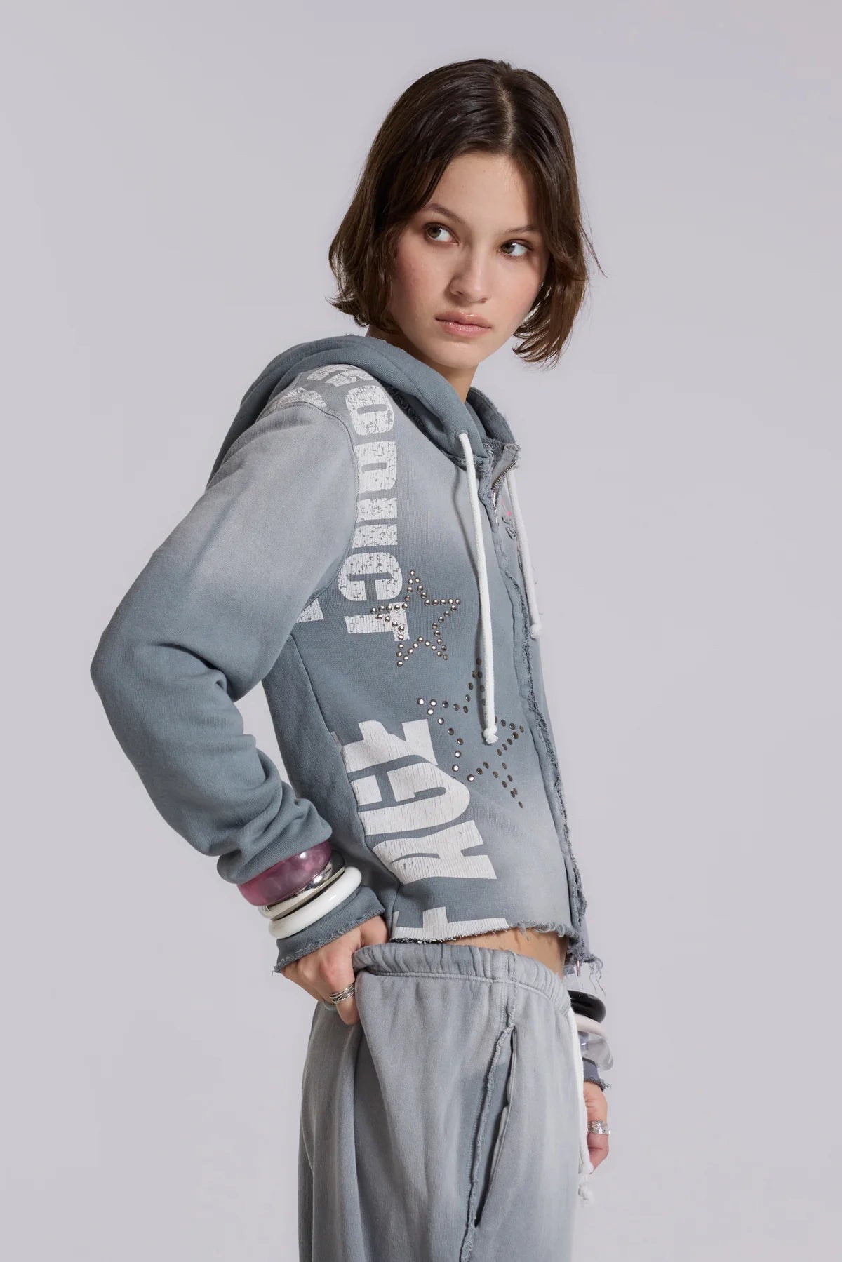 Brick Lane Skimming Hooded Graphic Top - Grey