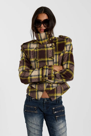 American Club Baggy Plaid Flannel Hooded Jacket Top - Brown