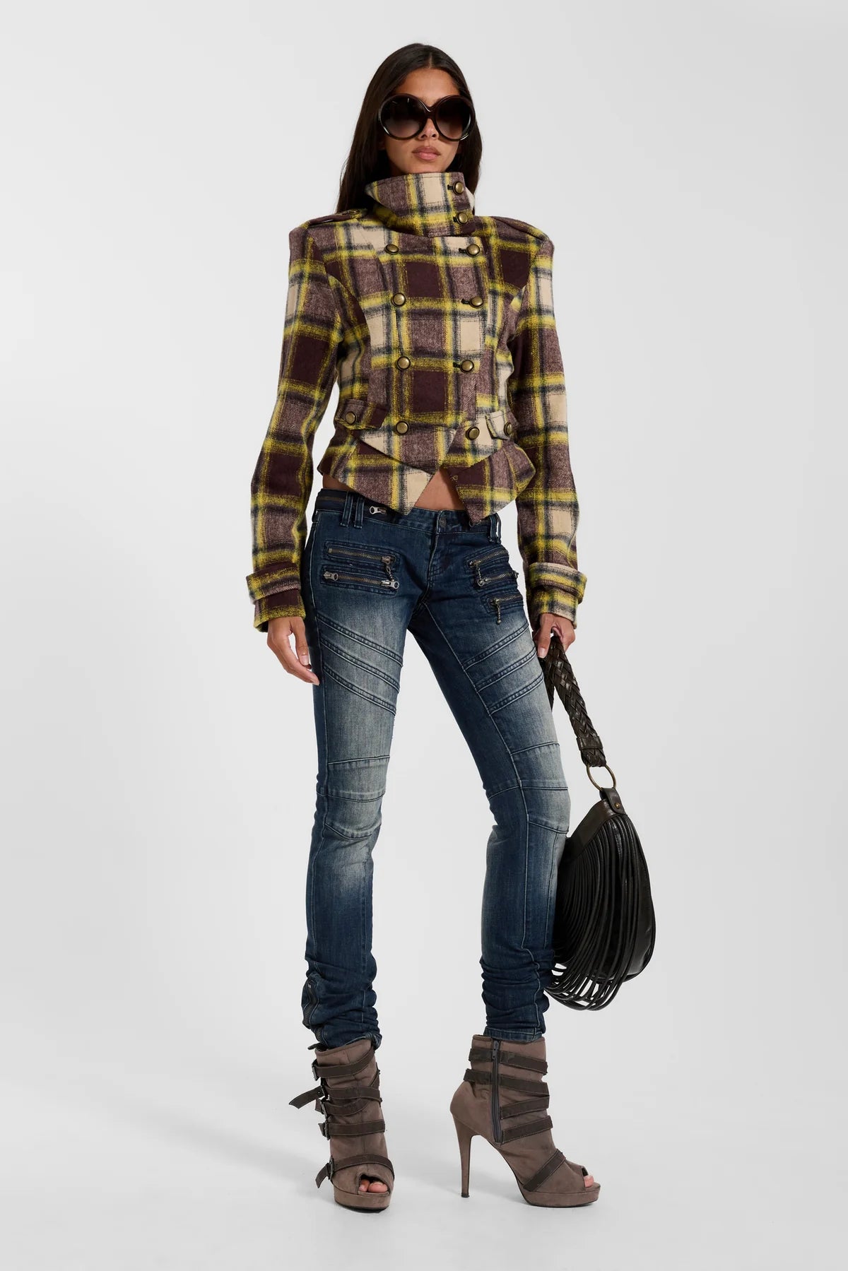 American Club Baggy Plaid Flannel Hooded Jacket Top - Brown