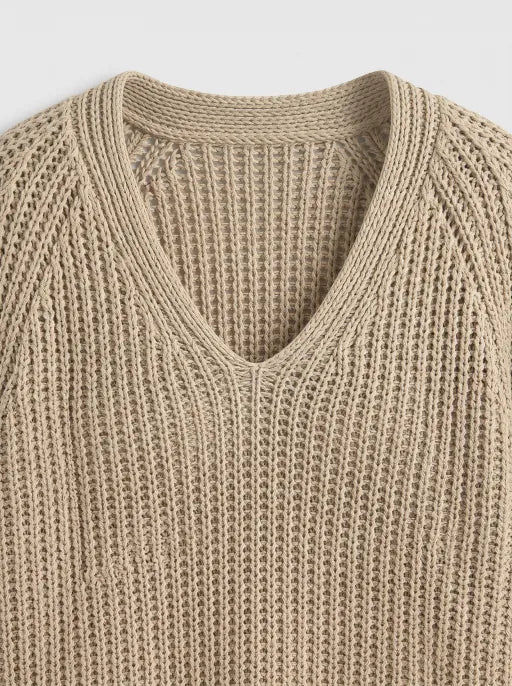 Co-ed Dorm Baggy Chunky V-Neck Knit Sweater - Brown