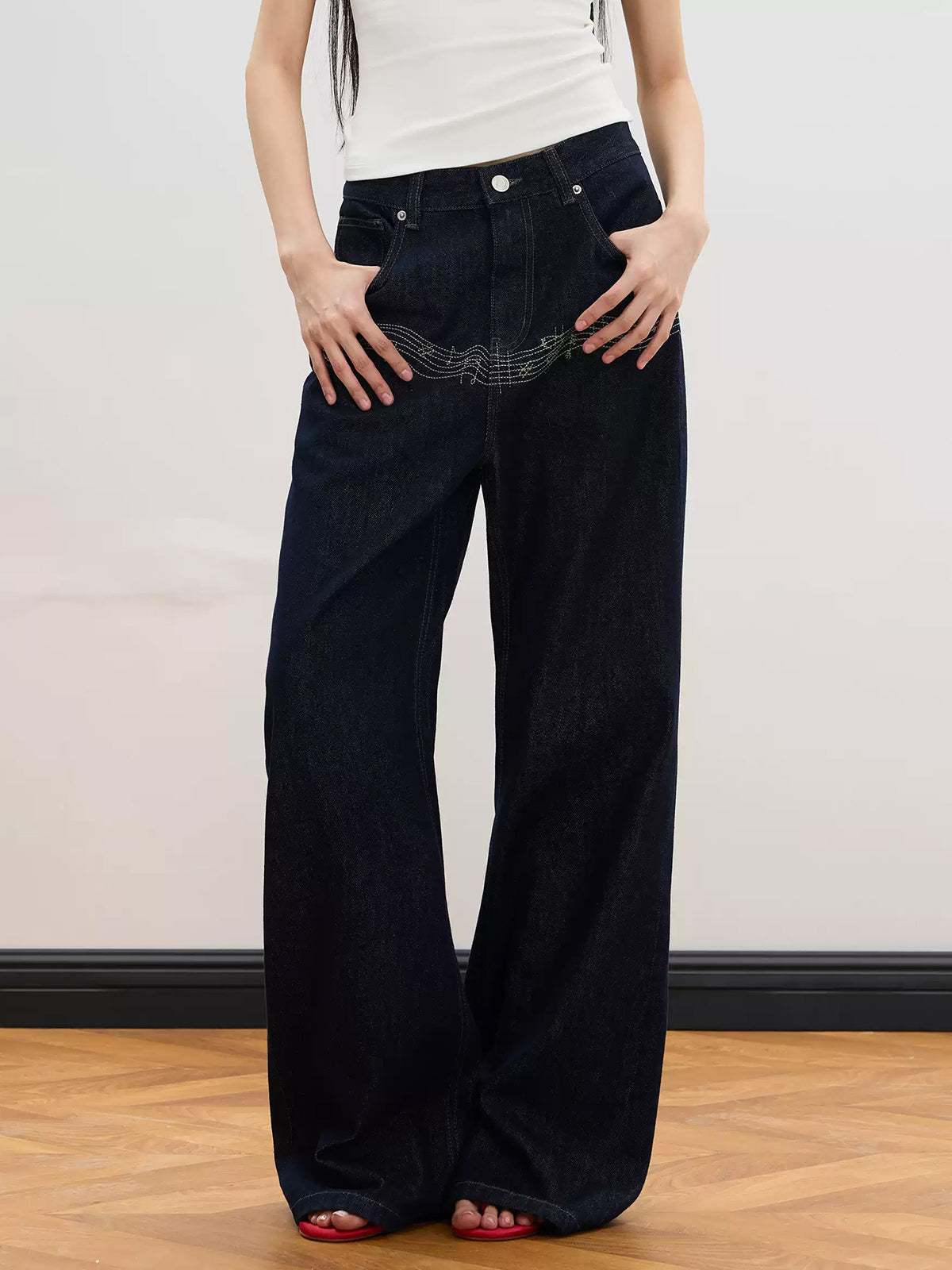Brick Lane Wide-leg Washed Graphic Denim Maxi Pants - Blue