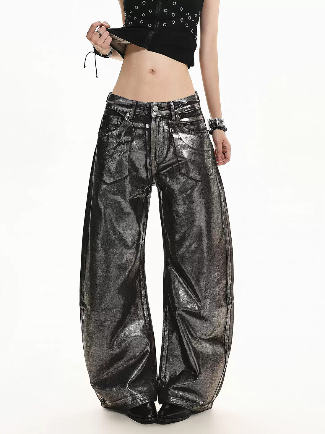 Brick Lane Washed Camo Print Wide-Leg Parachute Maxi Pants - Grey