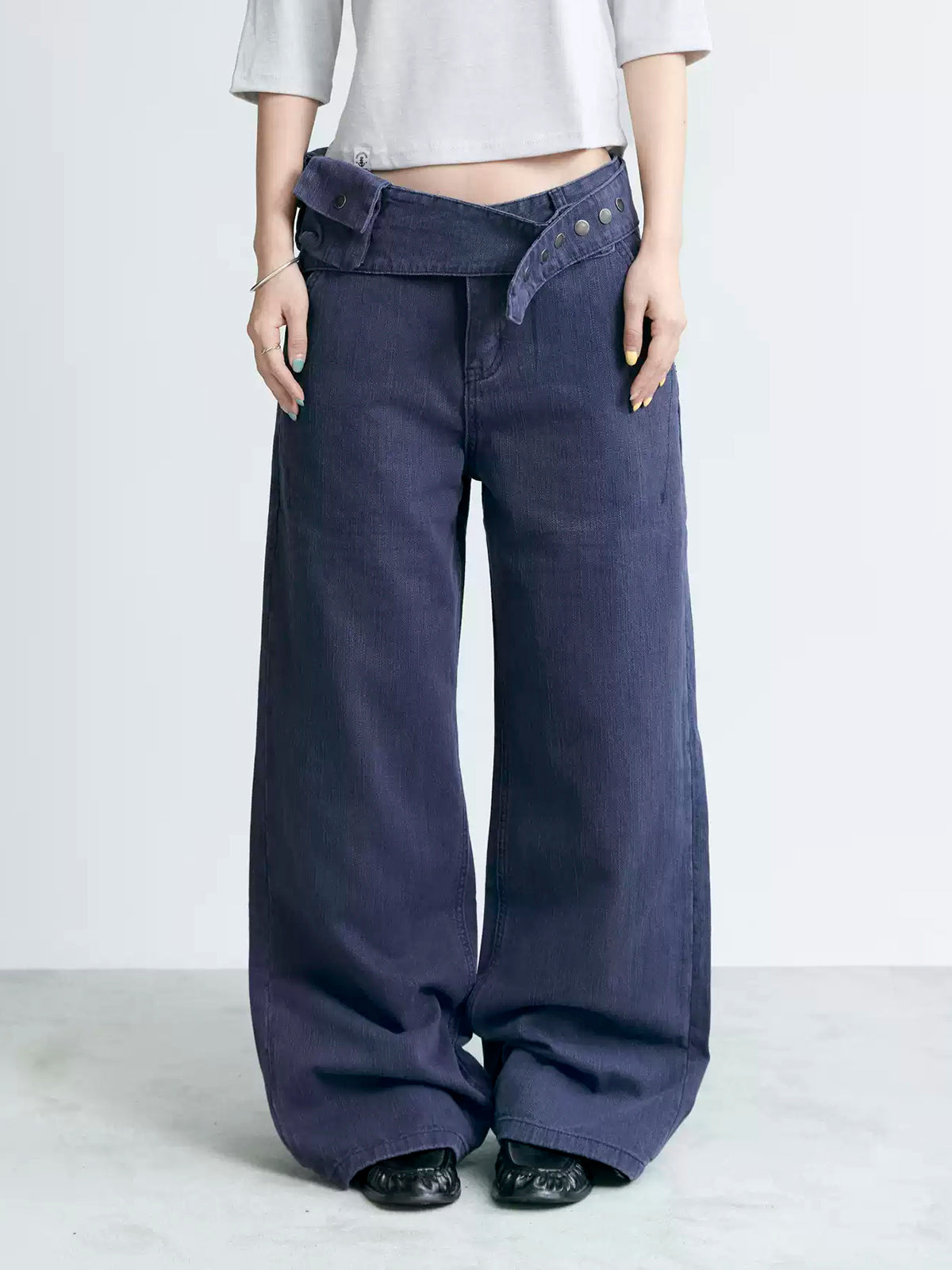 Brick Lane Foldover Waist Denim Maxi Pants - Blue