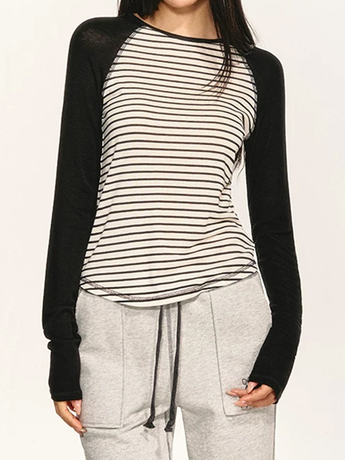 American Club Skimming Striped Crewneck Long Sleeve Top - Grey