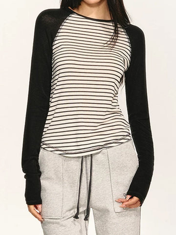 American Club Skimming Striped Crewneck Long Sleeve Top - Grey