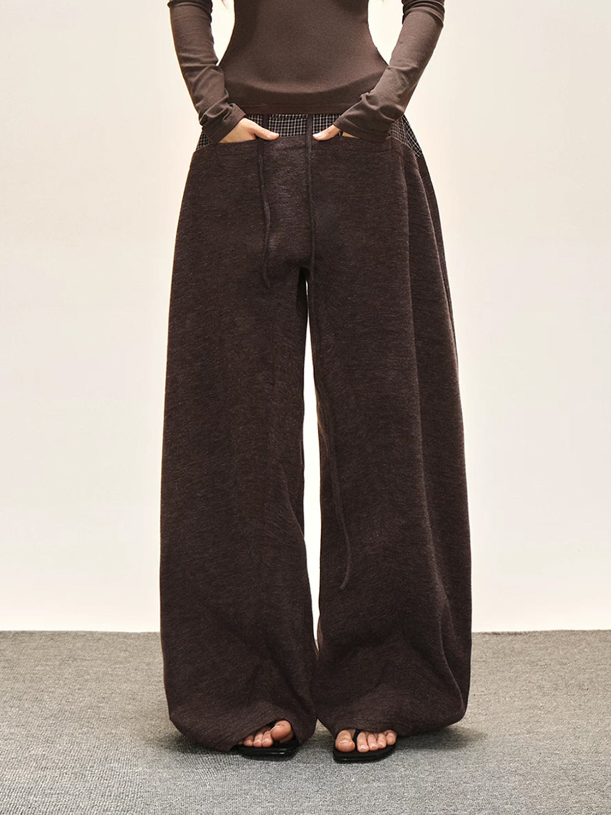 Co-ed Dorm Wide-leg Contrast Fold-over Waist Maxi Pants - Black