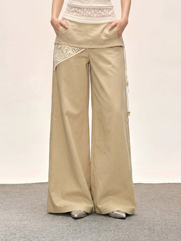 Co-ed Dorm Wide-leg Flowy Pleated Maxi Pants - Beige