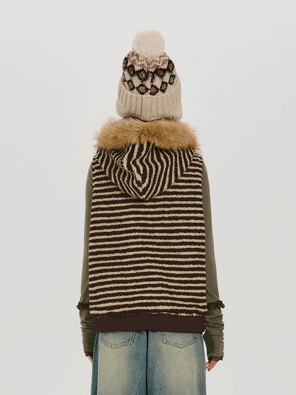 American Club Baggy Vintage Plaid Knit Cardigan - Brown