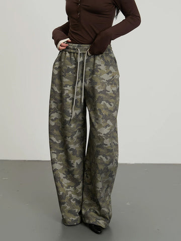 Brick Lane Wide-leg Abstract Pattern Drawstring Maxi Pants - Grey