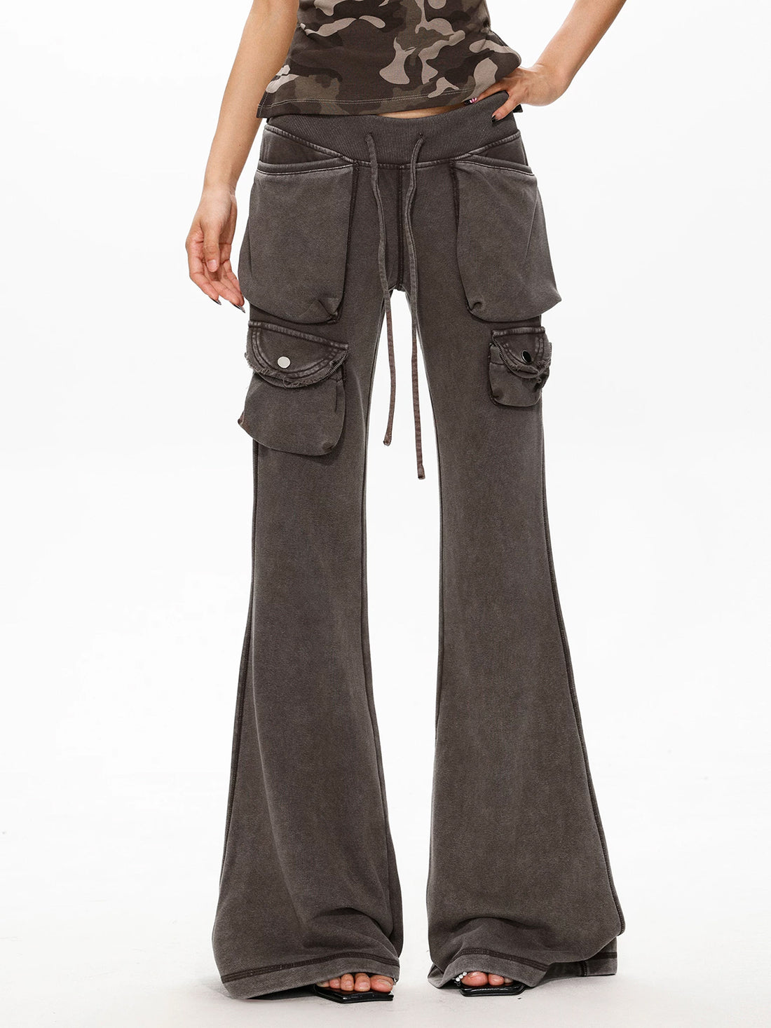 Brick Lane Skimming Washed Bootcut Maxi Pants - Brown
