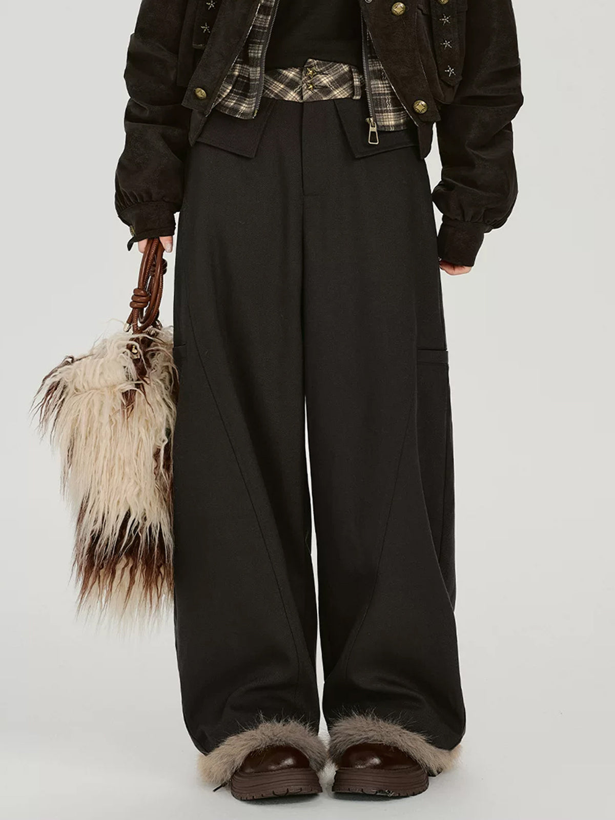 Co-ed Dorm Wide-leg Double Belted Denim Maxi Pants - Black