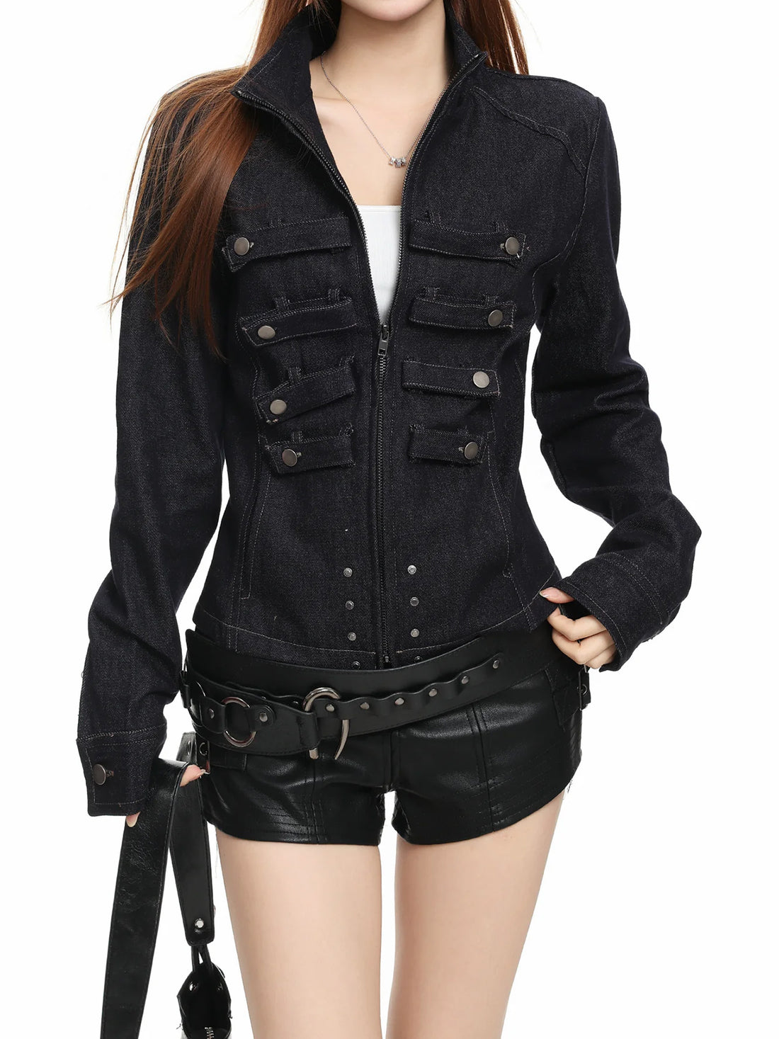 Co-ed Dorm Skimming Washed Button-front Denim Top - Blue