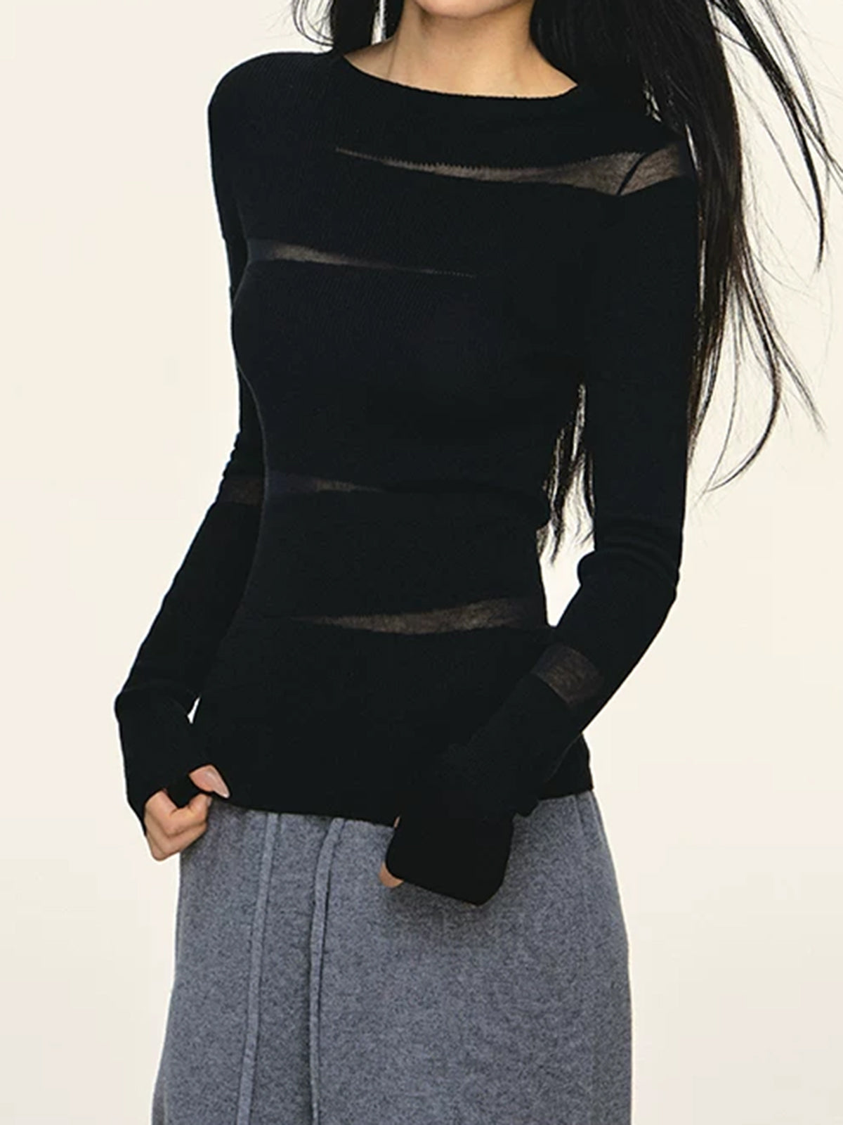 American Club Skimming Graphic Print Long Sleeve Top - Black