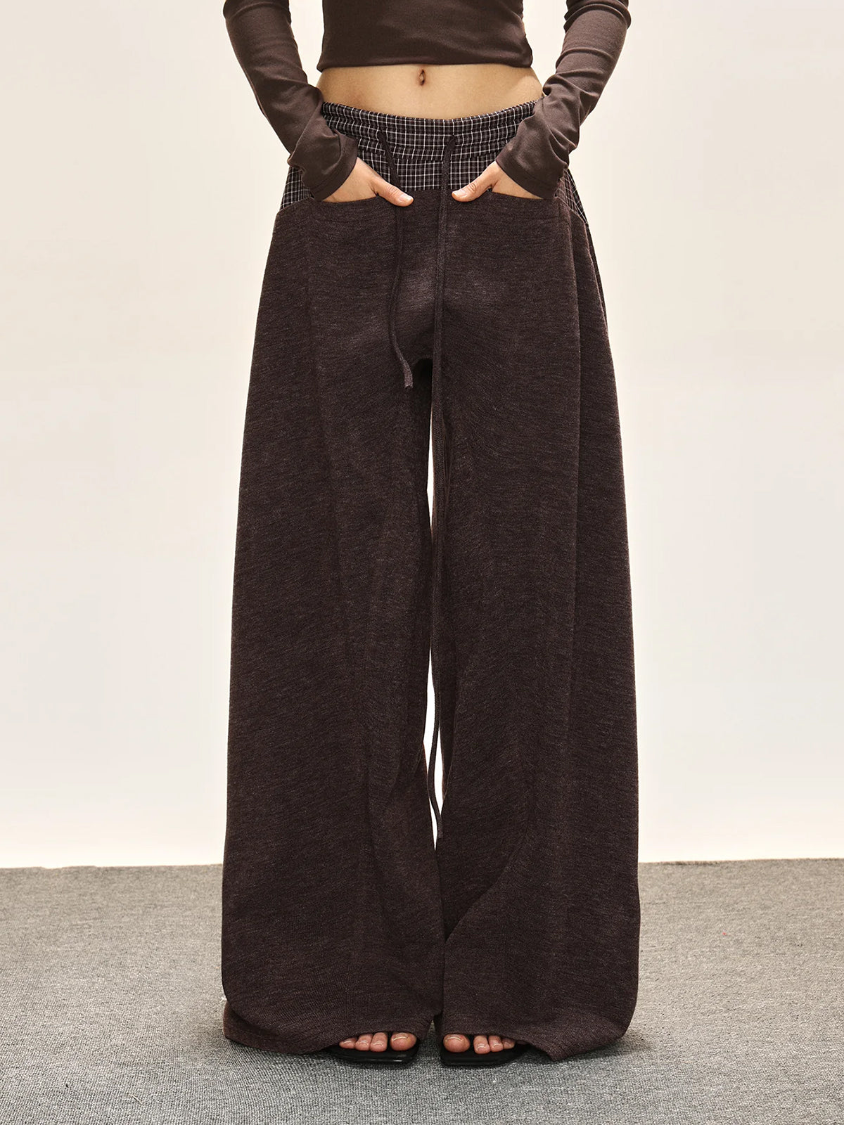 Co-ed Dorm Wide-leg Contrast Fold-over Waist Maxi Pants - Black