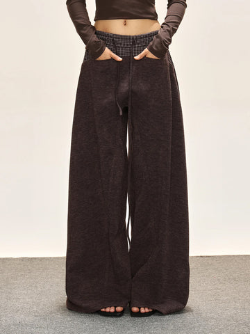 Co-ed Dorm Wide-leg Contrast Fold-over Waist Maxi Pants - Black