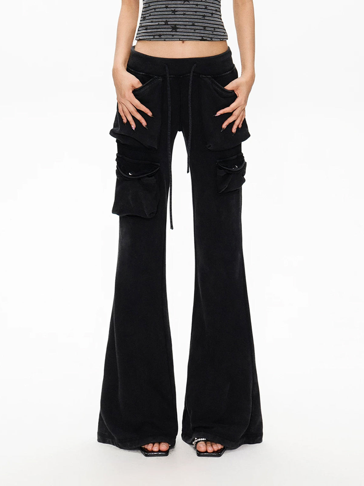 Co-ed Dorm Skimming Cutout Flare Denim Maxi Pants - Black