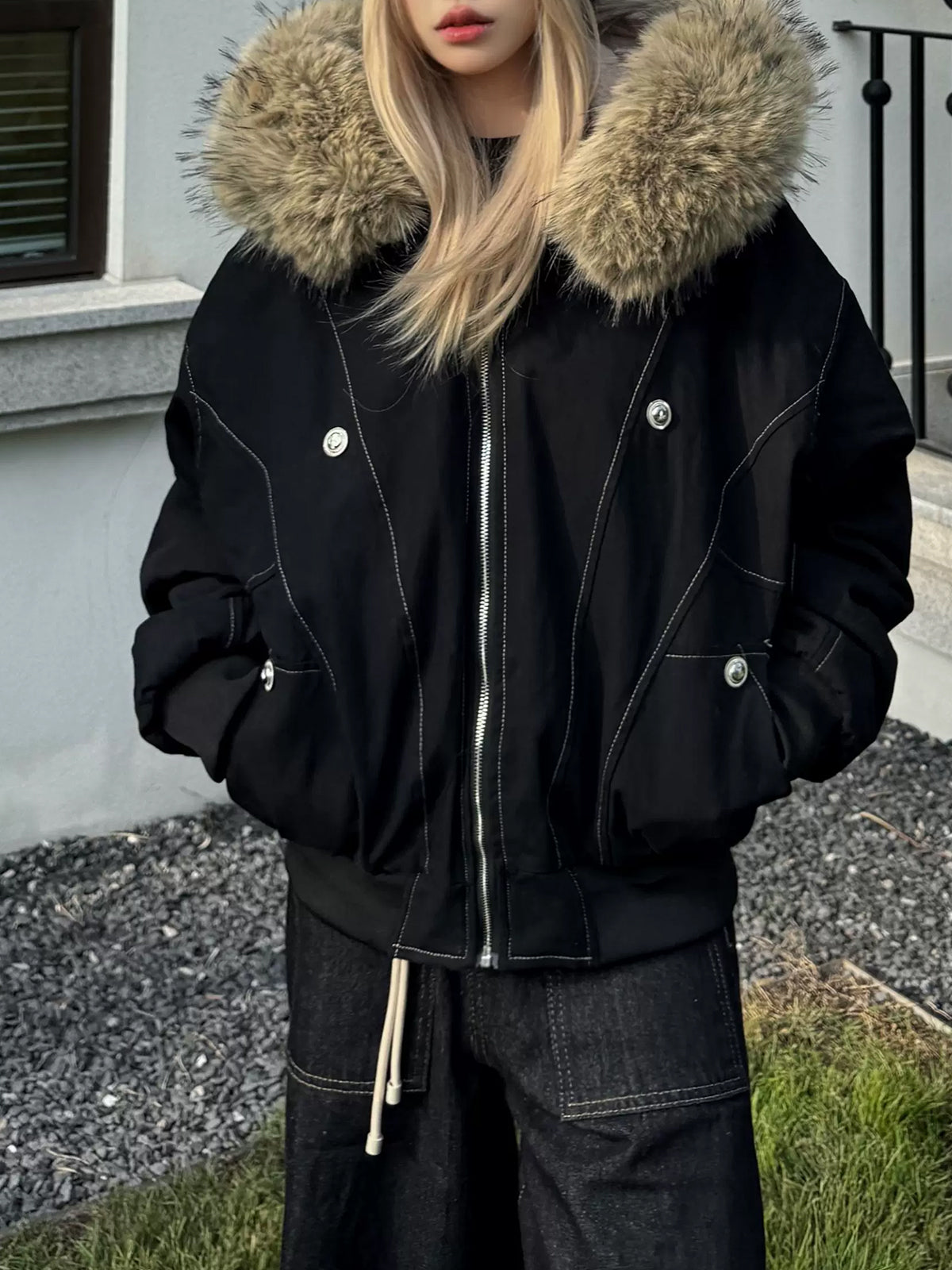Weekday Outdoor Baggy Faux-Fur Hooded Puffer Jacket - Black