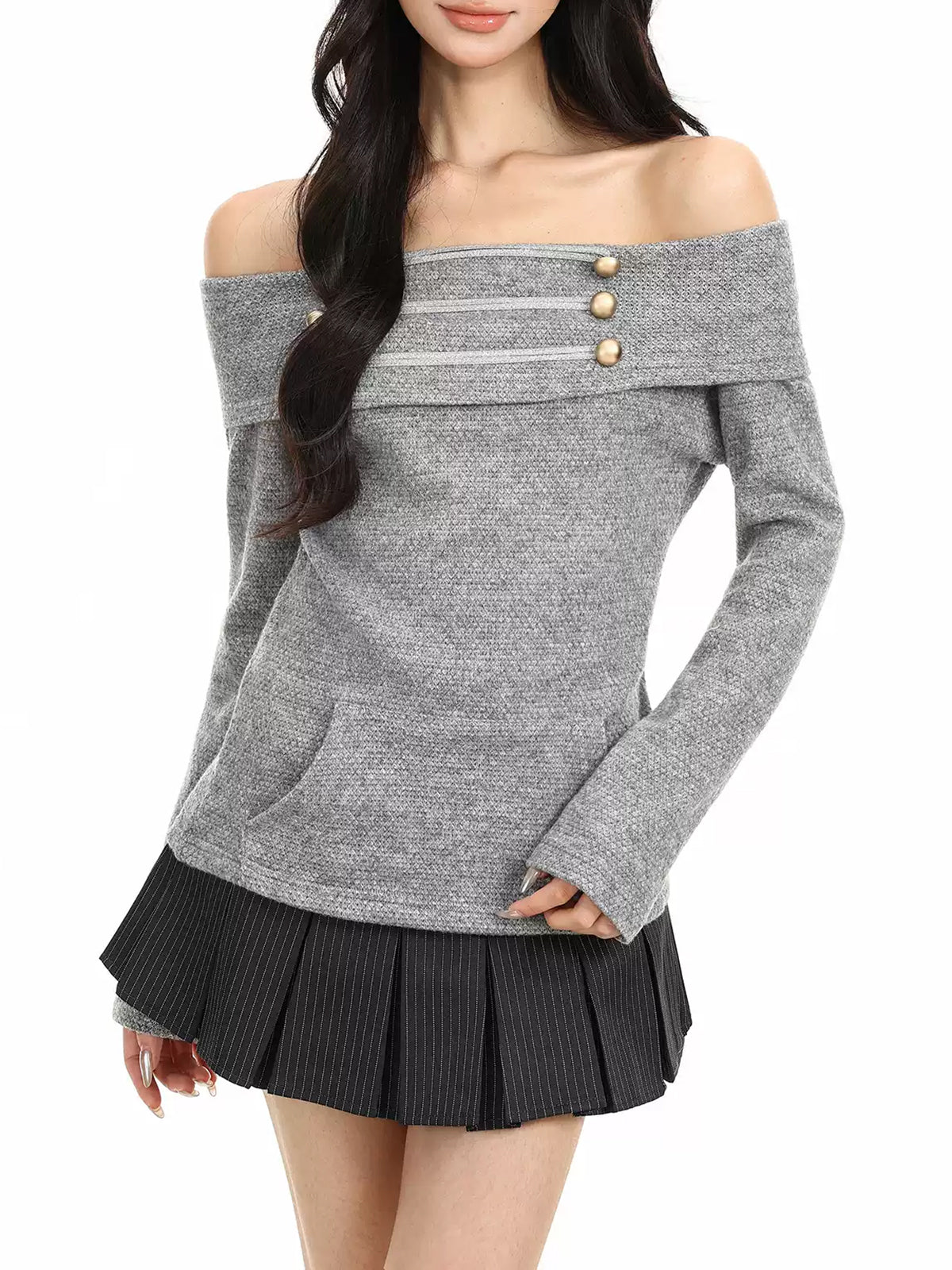 Brick Lane Off-Shoulder Distressed Knit Long Sleeve Top - Grey