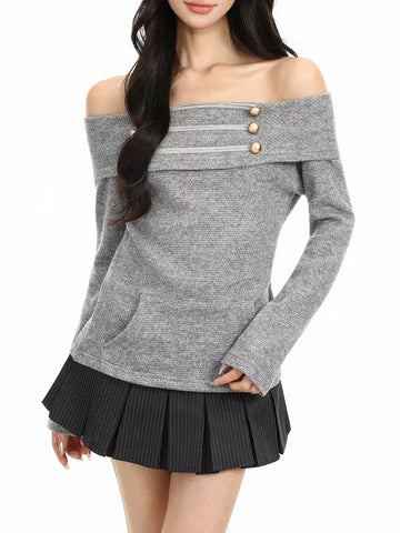 Brick Lane Off-Shoulder Distressed Knit Long Sleeve Top - Grey