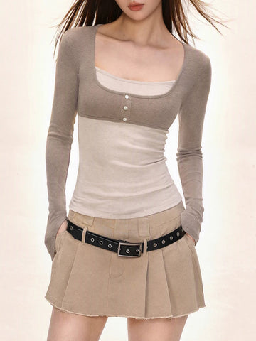 Co-ed Dorm Skimming Graphic Print Long Sleeve Top - Grey