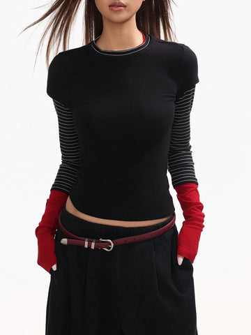 Co-ed Dorm Skimming Contrast Hem Long Sleeve Top - Black