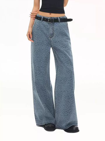 Brick Lane Low-Rise Leopard Pattern Flared Maxi Pants - Blue
