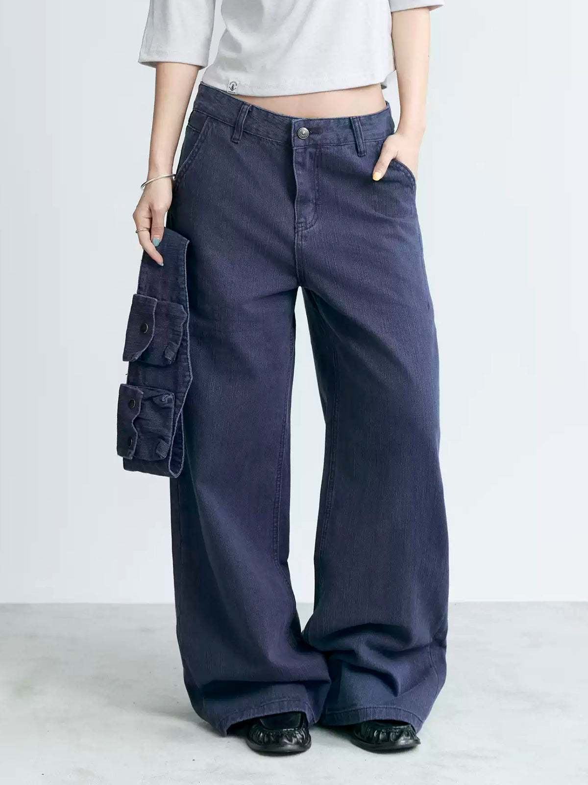 Brick Lane Foldover Waist Denim Maxi Pants - Blue