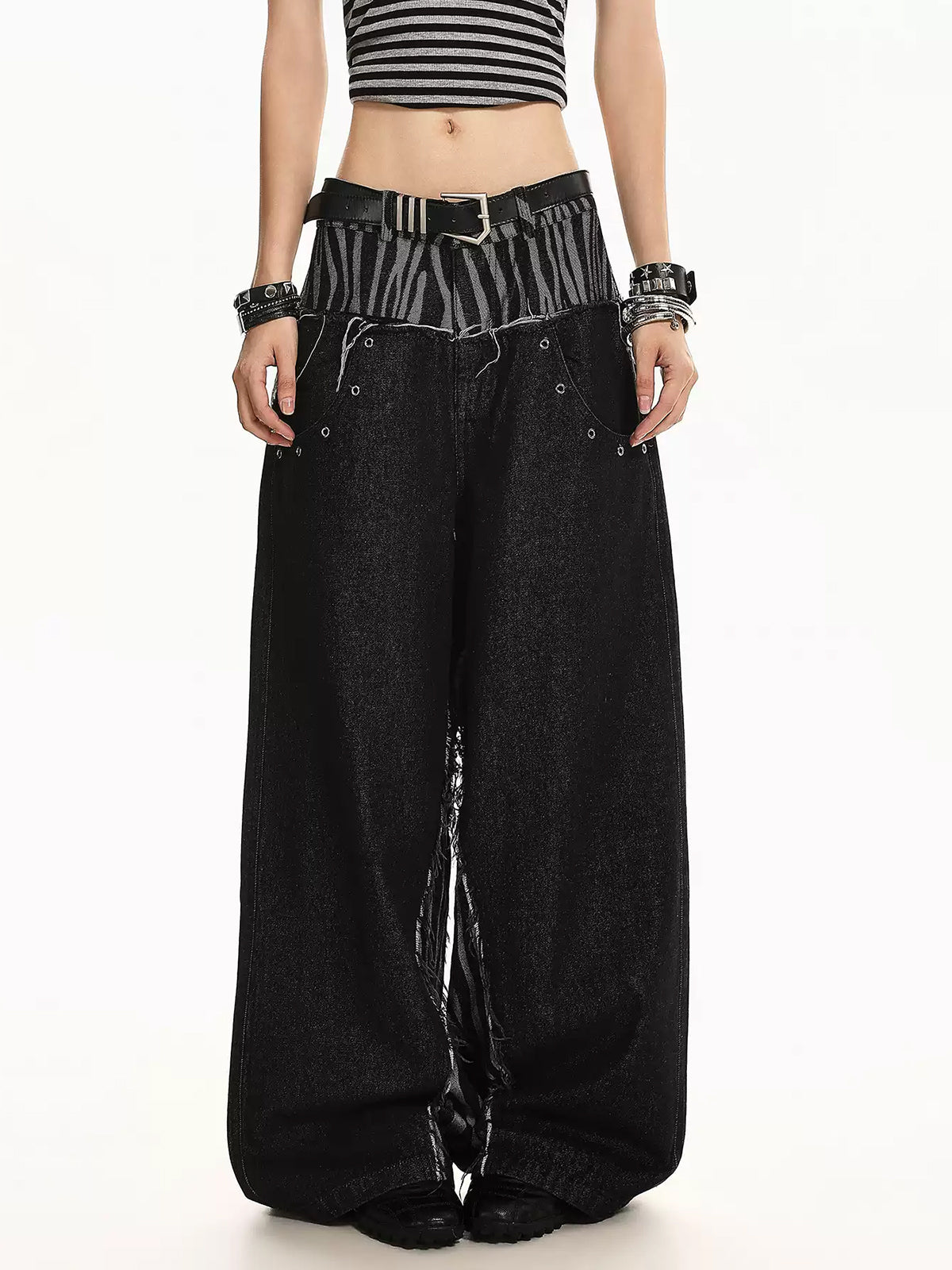 Brick Lane Wide-leg Tiered Fringe Distressed Maxi Pants - Black