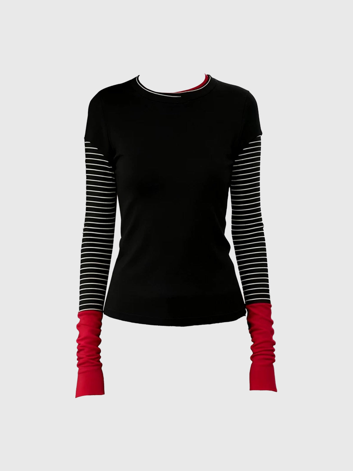 Co-ed Dorm Skimming Contrast Hem Long Sleeve Top - Black