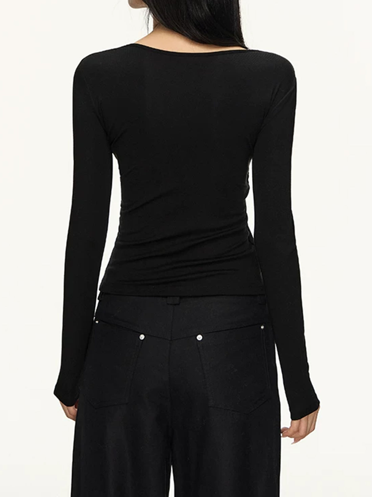 Co-ed Dorm Skimming Deep V-Neck Fitted Top - Black
