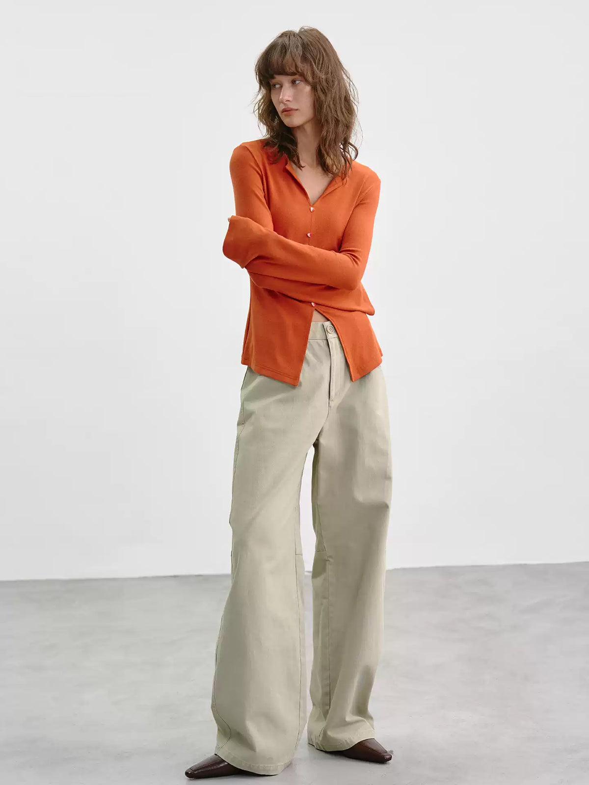 Brick Lane Turn-Down Collar Button Knit Cardigan - Orange