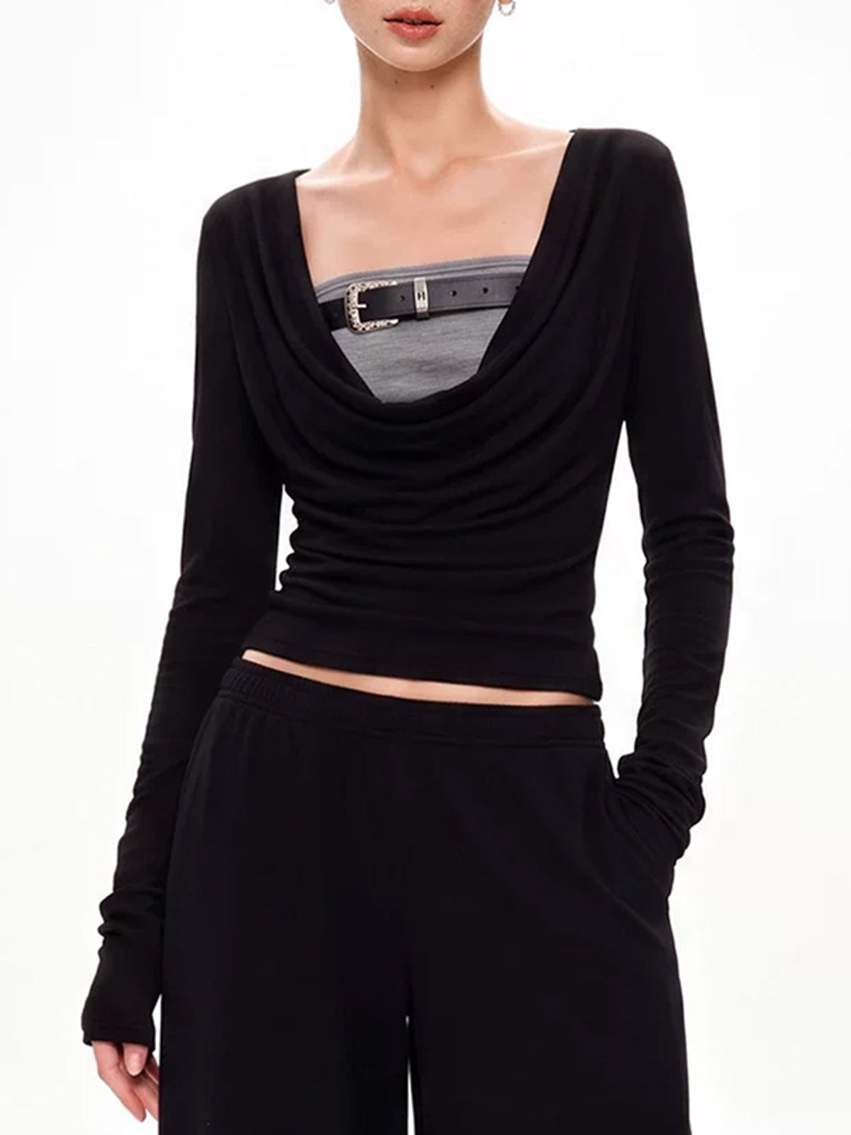 Co-ed Dorm Skimming Square Neck Long Sleeve Top - Black