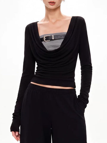 Co-ed Dorm Skimming Square Neck Long Sleeve Top - Black