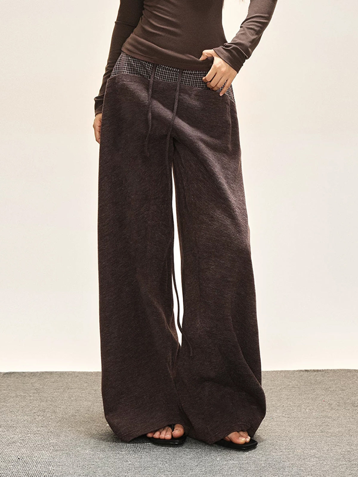 Co-ed Dorm Wide-leg Contrast Fold-over Waist Maxi Pants - Black