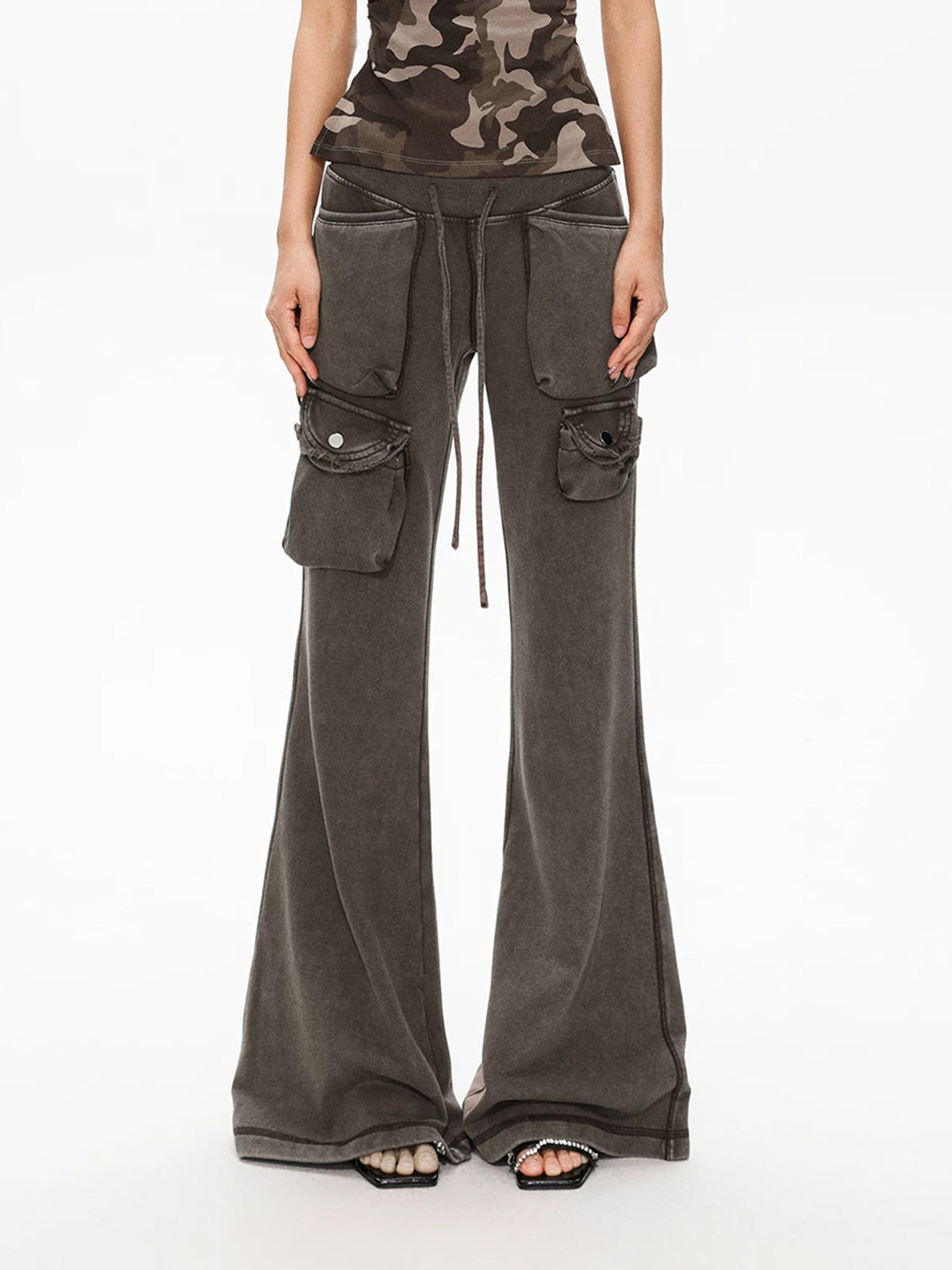 Brick Lane Skimming Washed Bootcut Maxi Pants - Brown